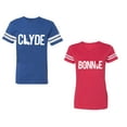thumbnail image 1 of Clyde Bonnie Unisex Couple Matching Cotton Jersey style T-Shirt Contrasting stripes on sleeves (Men Royal / Women Red) (Men XL / Women S), 1 of 3