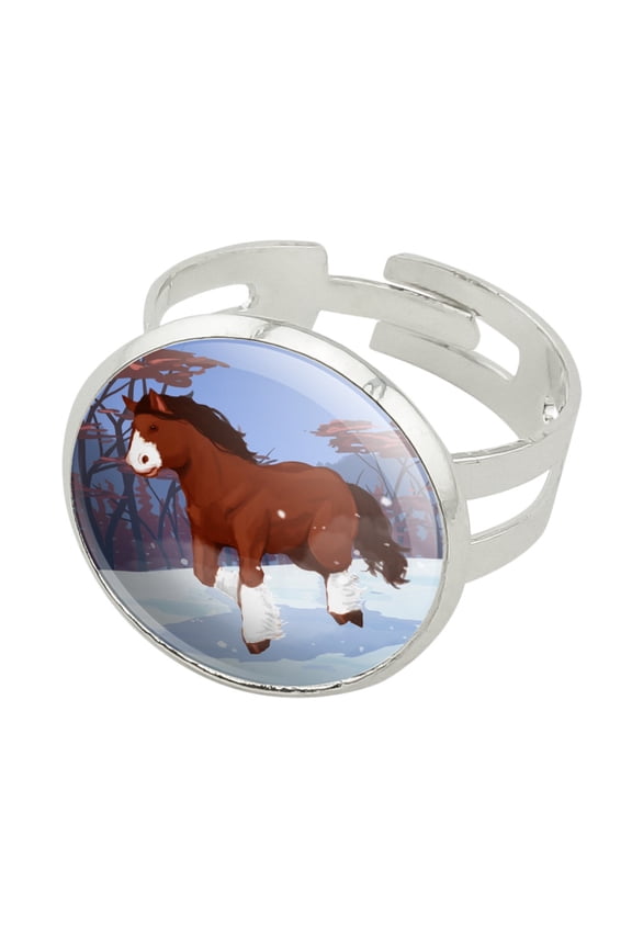 Clydesdale Horse Running in Snow Silver Plated Adjustable Novelty Ring