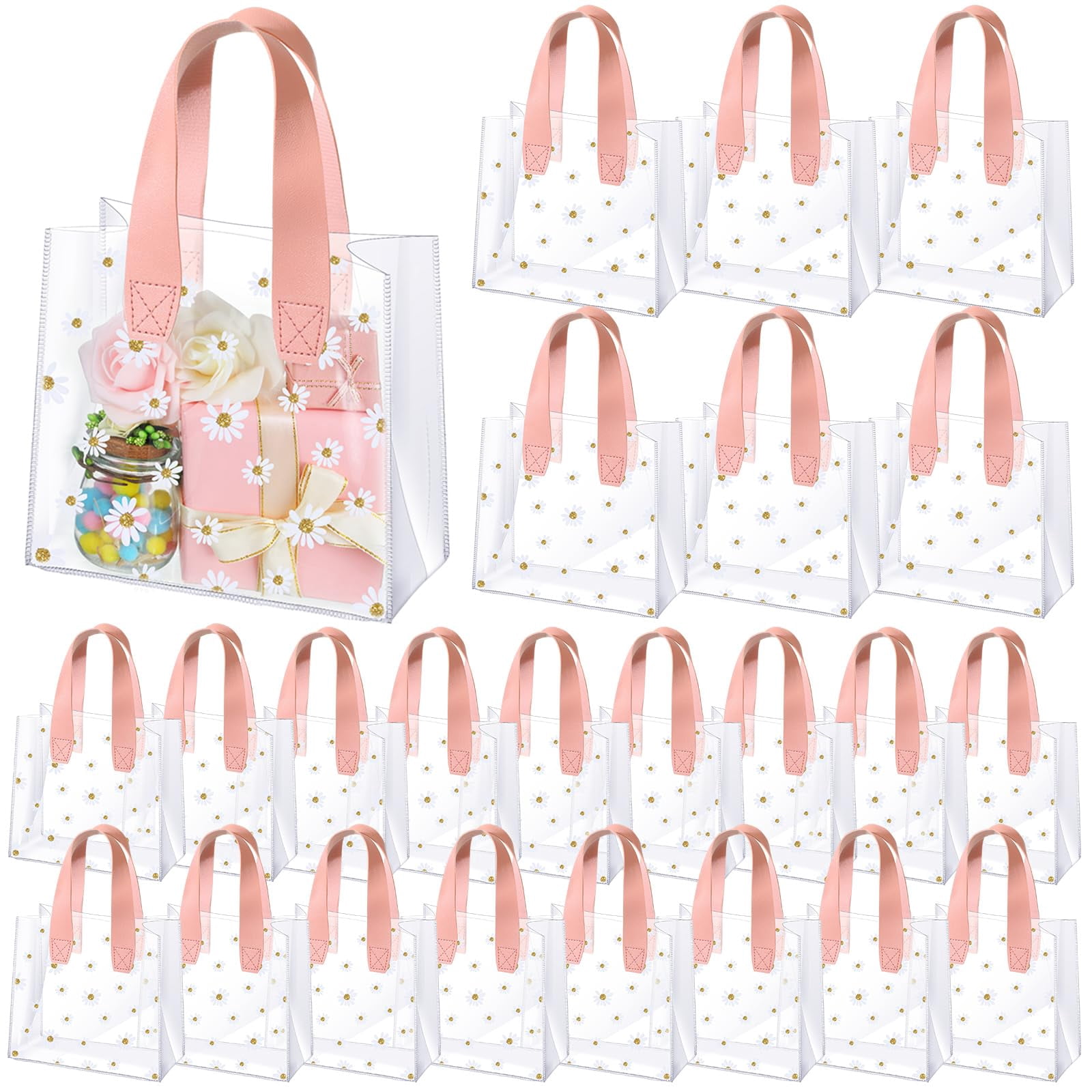 Clysee 24 Pcs Clear DHF10 Gift Bags with Handles Daisy Clear Plastic ...