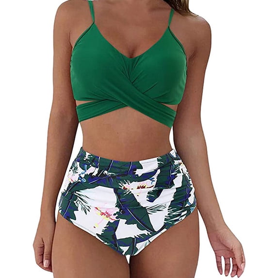 POPTEM Women's Bikini Swimwear 2-Piece Bathing Suits High Waisted Tummy Control Green Tops and Bottoms S