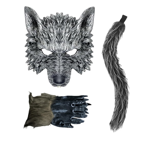 Cmafuca 4PCS Werewolf Costume Set, Realistic Wolf Mask, Gloves and Tail, Big Bad Wolf Costume for Adults