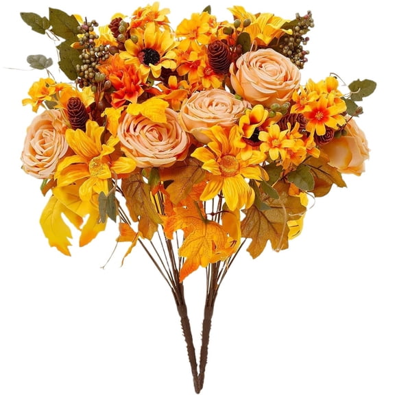 Cmafuca Artificial Fall Flowers Bouquets Artificial Marigold Orange Autumn Silk Roses Flowers Fall Florals Stems Faux Flowers Arrangements for Cemetery Wedding Table Centerpieces Decor