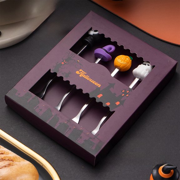 Cmafuca Halloween Dessert Spoons Set 4 Mini Stainless Steel Coffee Spoons with Pumpkin Bat Skull Witch Hat Design Halloween Tableware for Party and Home