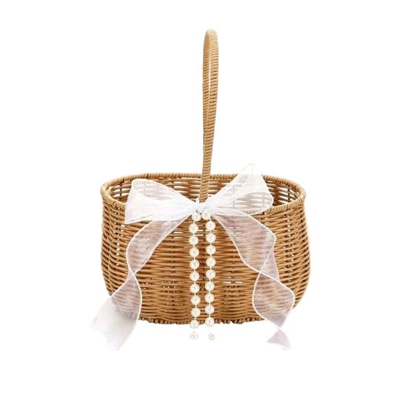 Cmafuca Handwoven Rattan Flower Girl Basket With Elegant Ribbon And Pearl Decor Rustics Countrys Style Wedding Basket For Wedding Ceremony Party Decoration