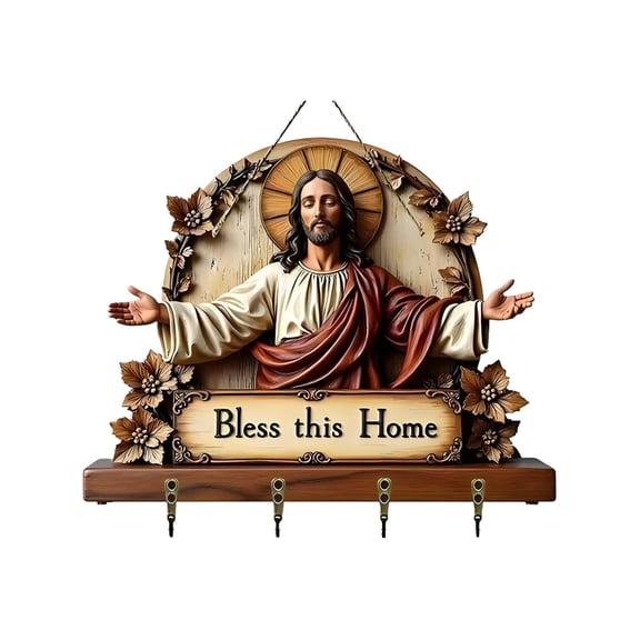 Cmafuca Wooden Key Holder Jesus Bless This Home Wall Mount Key Hanger 4 Hooks Religious Christian Home Decor Gift Entryway Organizer