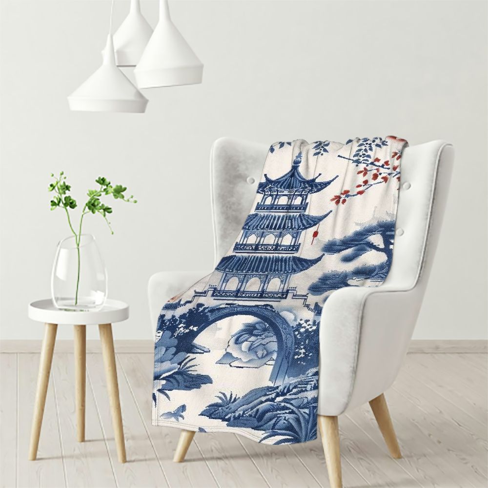 Cmefzd Blue and White Pagoda Blankets Chinoiserie Fuzzy Blanket Throw