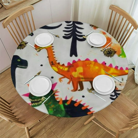 Cmefzd Colorful Dinosaurs Print Round Tablecloth Cover, One Side Printed Tablecloth, Kitchen, Picnic, Camping White