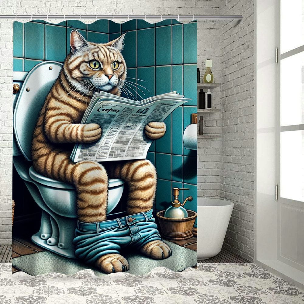 Cmefzd Funny Shower Curtain, Humorous Scene with a Cat Sitting on a