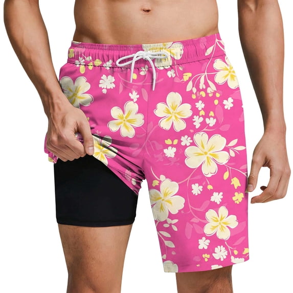 Cmfcv Men's Swim Trunks Trendy Summer Swim Shorts with Compression Liner Quick Dry Print Swim Suits Drawstring Elastic Waist Board Shorts with Pockets
