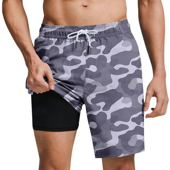 Cmfcv Swim Trunks for Men 9 Inch Inseam Compression Liner Camo Bathing Suit Beach Long Board Shorts Elastic Waist Swimsuit Anti-Chafe Quick Dry
