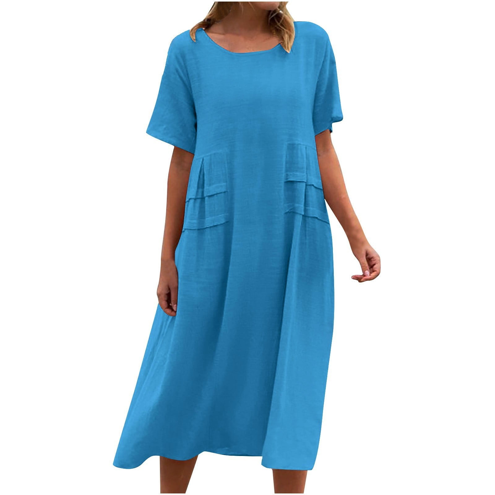 Cmfcv Women's Casual Loose Round Neck Linen Dresses,Solid Color Short ...