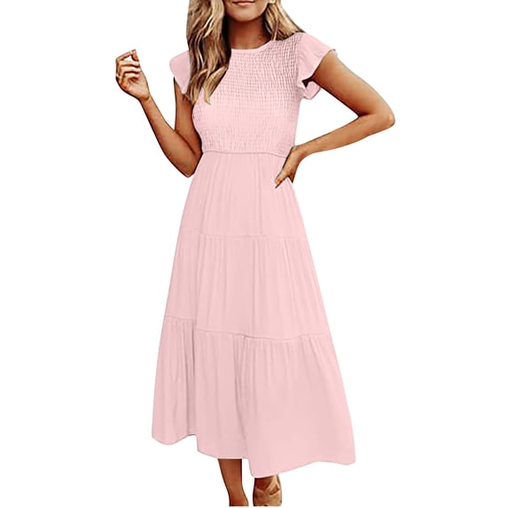 Cmfcve Dress for Women Round-Neck Pleated Maxi Dresses Short Sleeve High Waist A-Line Dress