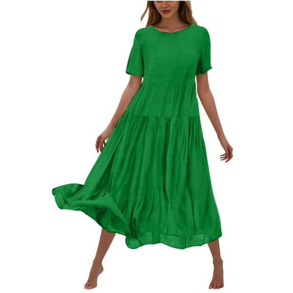 Cmfcve Summer Women's Casual Maxi Dress Short Sleeve Crewneck Dress ,Flowy Tiered Long Dresses