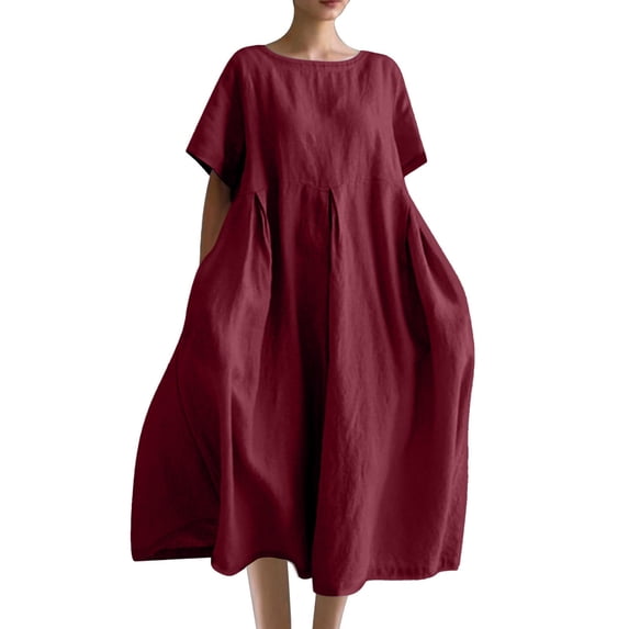Cmfcve Plus Size Dresses for Women Round-Neck Pockets Maxi Dress Short Sleeve Loose Linen Dress