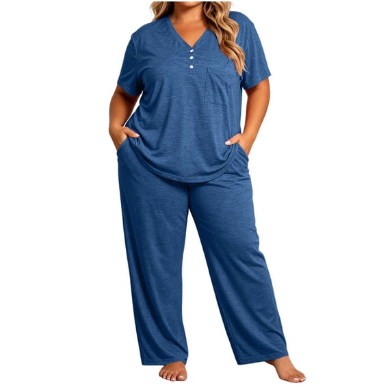 Cmfcve 2 Piece Pajama Set for Women Plus Size Short Sleeve Tops & Drawstring Pants Casual Daily Sleepwear Sets