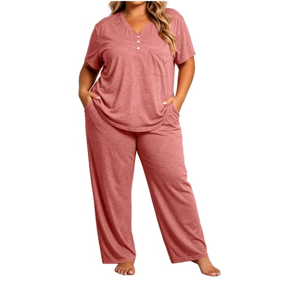Cmfcve 2 Piece Pajama Set for Women Plus Size Short Sleeve Tops & Drawstring Pants Casual Daily Sleepwear Sets