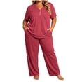 thumbnail image 1 of Cmfcve 2 Piece Pajama Set for Women Plus Size Short Sleeve Tops & Drawstring Pants Casual Daily Sleepwear Sets, 1 of 5