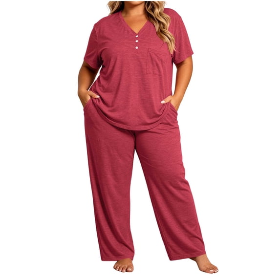 Cmfcve 2 Piece Pajama Set for Women Plus Size Short Sleeve Tops & Drawstring Pants Casual Daily Sleepwear Sets