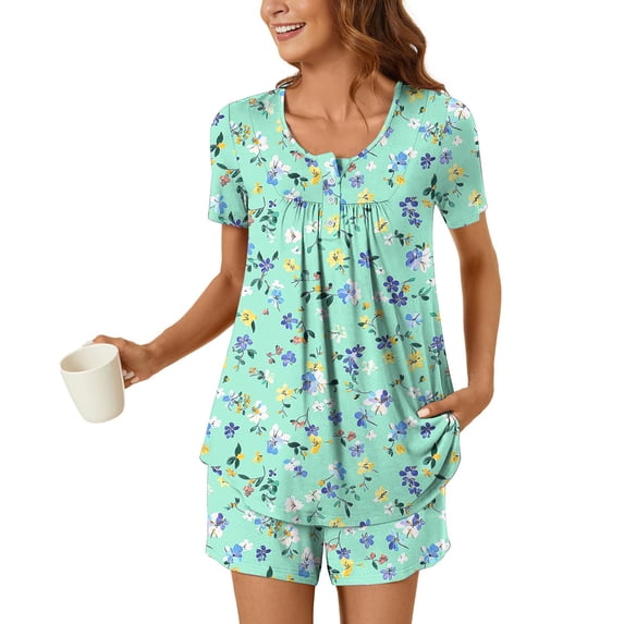 Cmfcve 2 Piece Women's Short Sleeve Pajama Sets Lounge Printed Short Sleeve Top and Shorts Sleepwear Sets with Pockets