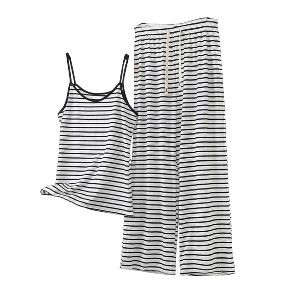 Cmfcve 2026 Summer Sets for Women 2 Piece Outfits Striped Spaghetti Strap Cami Top and Drawstring Wide Leg Pants Set