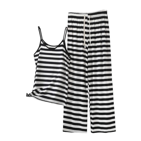 Cmfcve 2026 Summer Sets for Women 2 Piece Outfits Striped Spaghetti Strap Cami Top and Drawstring Wide Leg Pants Set