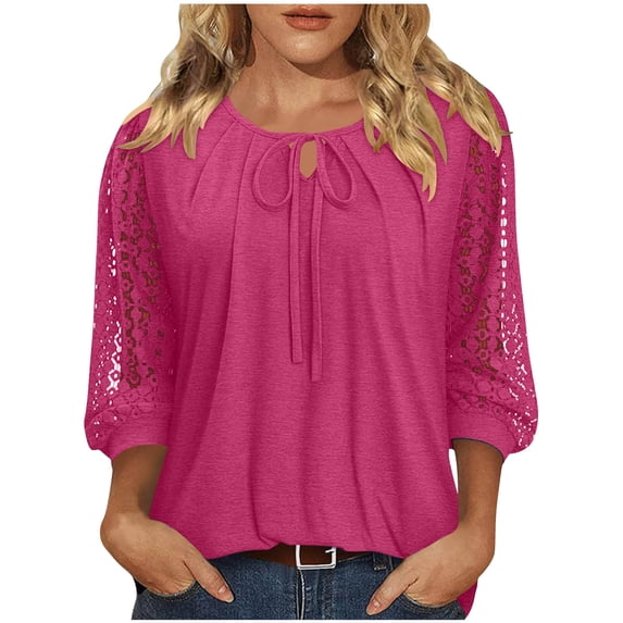 Cmfcve 3/4 Lace Sleeve Shirts for Women Bow Tie Neck Pleated Blouses Summer Dressy Casual Tunic Tops