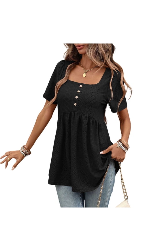 A Line Waist Tops for Women Eyelet Peplum Hem Blouse Square Neck Puff Short Sleeve T Shirts Button Front Casual Tunic Tops