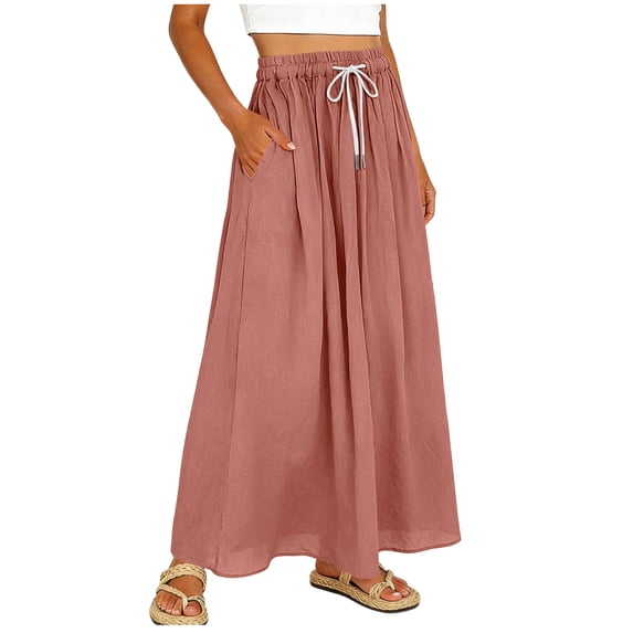 Cmfcve Boho Maxi Skirt for Women Elastic High Waisted Cotton Linen Long Skirts Flowy Casual Ankle-Length Skirts with Pockets