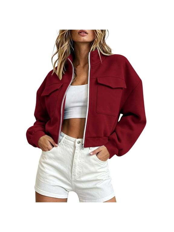Bomber Jacket for Women Long Sleeve Casual Zip Up Cropped Jacket Fall Athletic Sweatshirts with Pockets