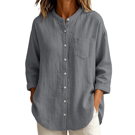 Cmfcve Button Down Shirts for Women Cotton Blend 3/4 Sleeves Dressy Tops Work Casual Solid Collared Blouses
