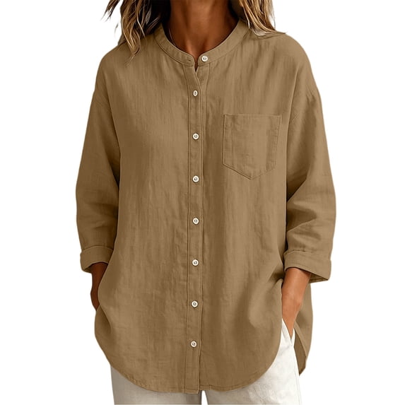 Cmfcve Button Down Shirts for Women Cotton Blend 3/4 Sleeves Dressy Tops Work Casual Solid Collared Blouses