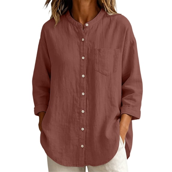 Cmfcve Button Down Shirts for Women Cotton Blend 3/4 Sleeves Dressy Tops Work Casual Solid Collared Blouses