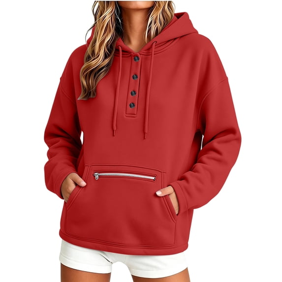 Cmfcve Button Henley Neck Hoodies for Women Fall Winter Oversized Sweatshirt Drawstring Casual Hooded Pullover Tops