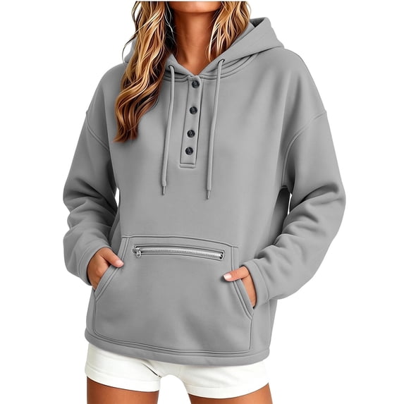Cmfcve Button Henley Neck Hoodies for Women Fall Winter Oversized Sweatshirt Drawstring Casual Hooded Pullover Tops