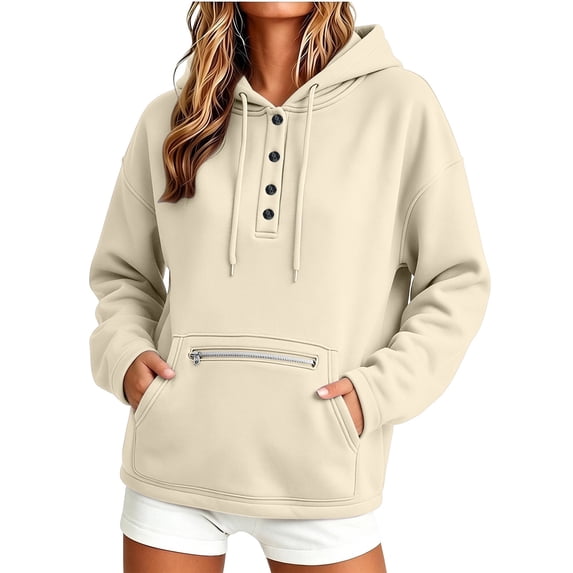Cmfcve Button Henley Neck Hoodies for Women Fall Winter Oversized Sweatshirt Drawstring Casual Hooded Pullover Tops