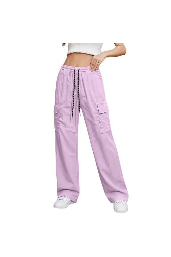 Cargo Pants for Women Summer Elastic Waist Parachute Pants Lightweight Wide Leg Loose Fit Trousers with Pockets