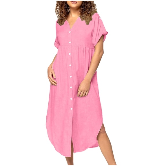 Cmfcve Casual Button Down Shirt Dress for Women Casual Loose Side Slit V Neck Short Sleeve Cotton Linen Maxi Dresses