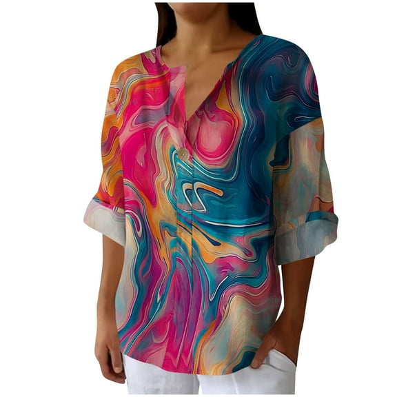 Cmfcve Gauze Top for Woman Plus Size 3/4 Length Sleeve Bohemian Tops Vintage V-Neck Cotton Linen Sports Shirt