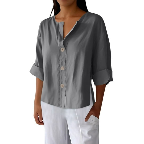 Cmfcve Summer Blouse for Woman Plus Size 3/4 Length Sleeve Cotton Linen Tunic Shirts V-Neck Solid Color Gauze Button Down Shirt