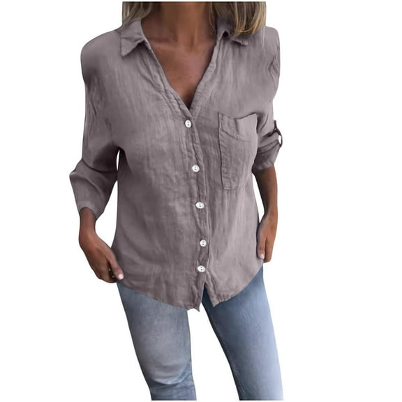 Cmfcve Gauze Shirt for Woman Plus Size Long Sleeve Crop Top Shirts Solid Color Button Cotton Linen Blouse with Pocket
