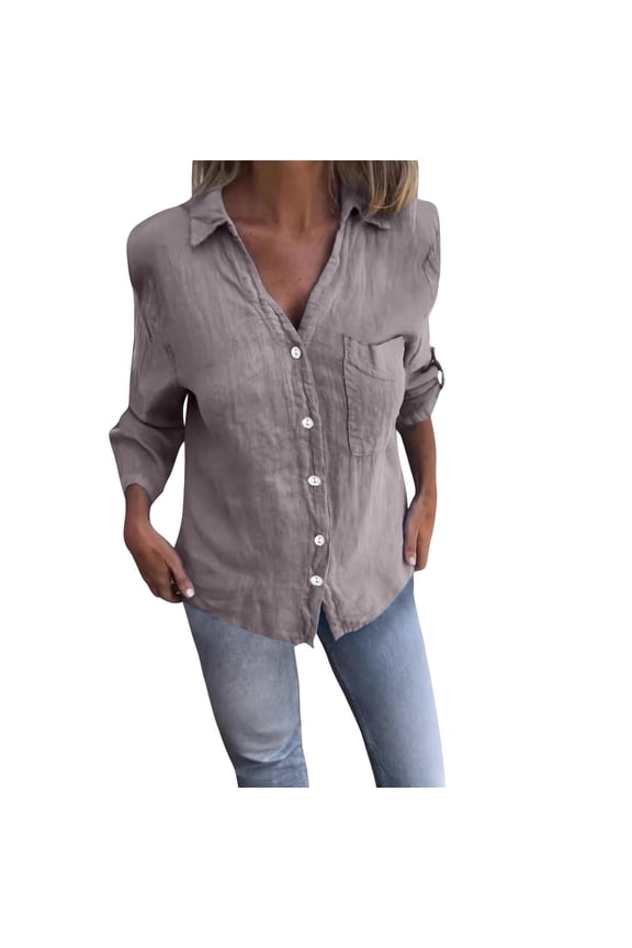 Gauze Shirt for Woman Plus Size Long Sleeve Crop Top Shirts Solid Color Button Cotton Linen Blouse with Pocket