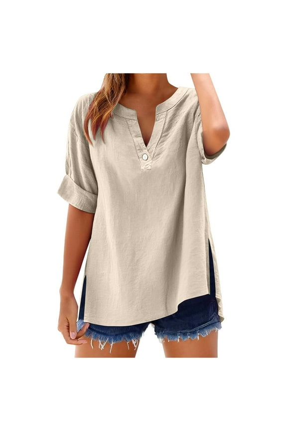 Cotton Linen Shirts for Women Summer Short Sleeve V-Neck Button Down Tops Dressy Casual Oversized Gauze Tshirts