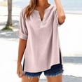 thumbnail image 1 of Cmfcve Cotton Linen Shirts for Women Summer Short Sleeve V-Neck Button Down Tops Dressy Casual Oversized Gauze Tshirts, 1 of 7