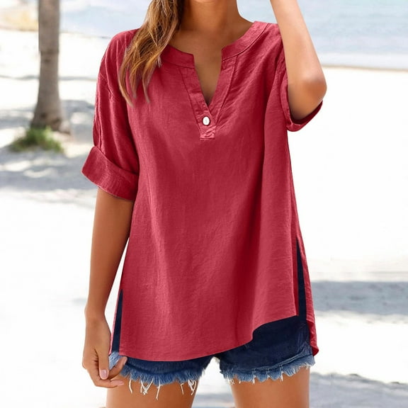 Cmfcve Cotton Linen Shirts for Women Summer Short Sleeve V-Neck Button Down Tops Dressy Casual Oversized Gauze Tshirts