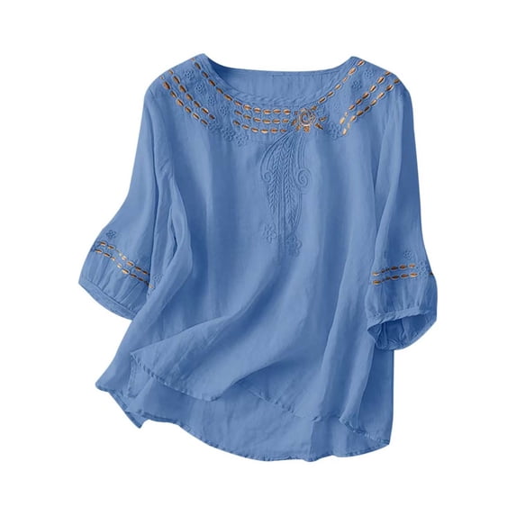 Cmfcve Peasant Top for Woman Plus Size 3/4 Length Sleeve Cotton Linen Tunic Shirts Solid Color Round Neck Henley T-shirts