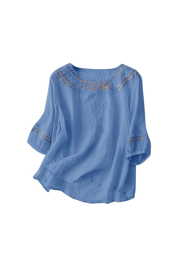 Peasant Top for Woman Plus Size 3/4 Length Sleeve Cotton Linen Tunic Shirts Solid Color Round Neck Henley T-shirts