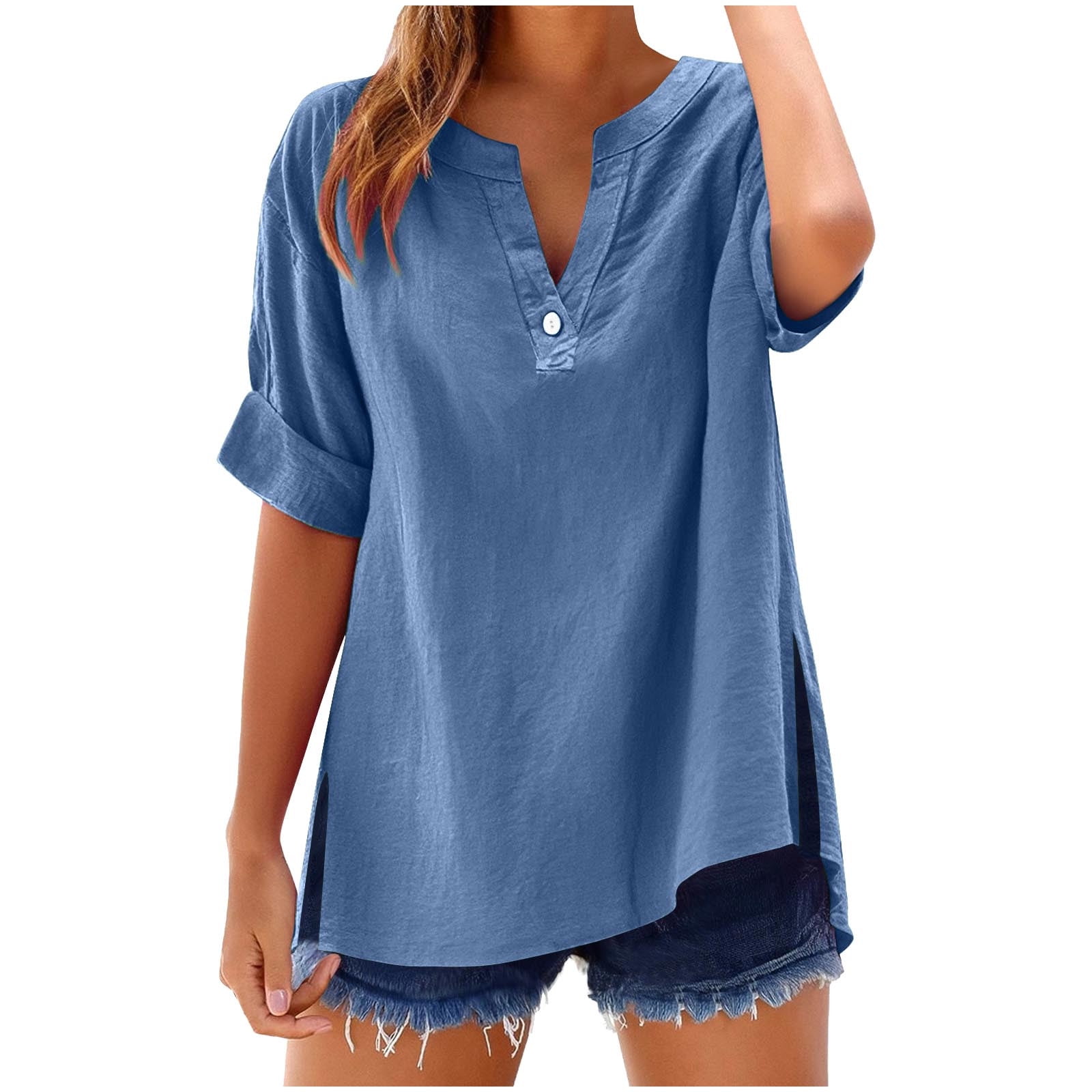 Cmfcve Cotton Linen Shirts for Women Summer Short Sleeve V-Neck Button ...
