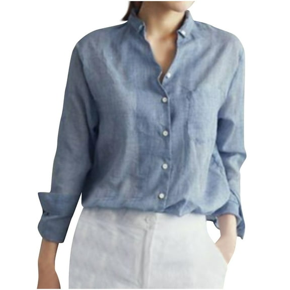 Cmfcve Athletic Work Woman Long Sleeve Henley Top Cotton Linen V-Neck Office Shirts Solid Color Button Tunic Blouse