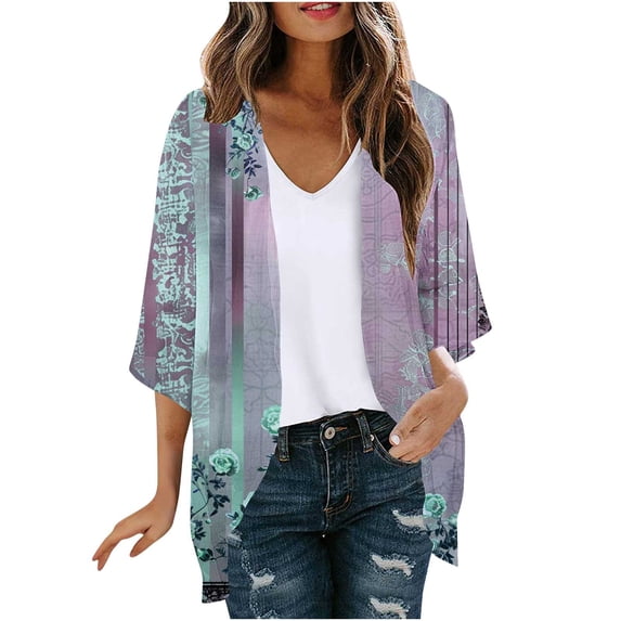 Cmfcve Chiffon Kimono Cardigans for Women Floral Print Puff Sleeve Blouses Flowy Loose Casual Cover Up Tops