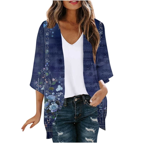 Cmfcve Chiffon Kimono Cardigans for Women Floral Print Puff Sleeve Blouses Flowy Loose Casual Cover Up Tops